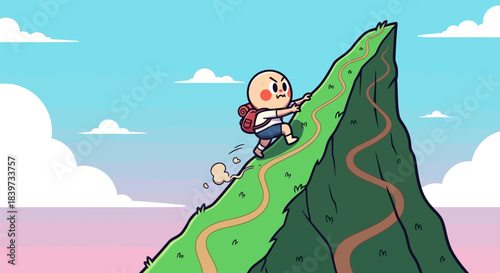 Cartoon character with backpack climbing a steep mountain path.