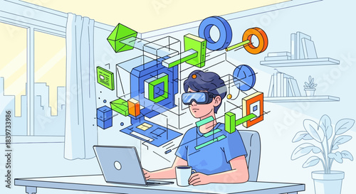 Person wearing VR headset interacting with digital objects.