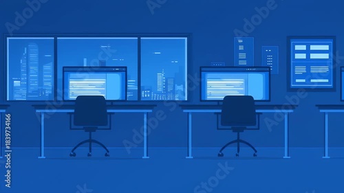 Night office scene with multiple computer workstations