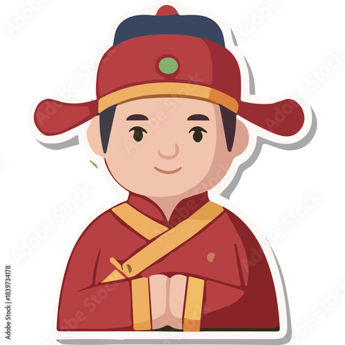 Asian Man Wearing Traditional Red Robes and Hat With Folded Hands in Greeting Gesture