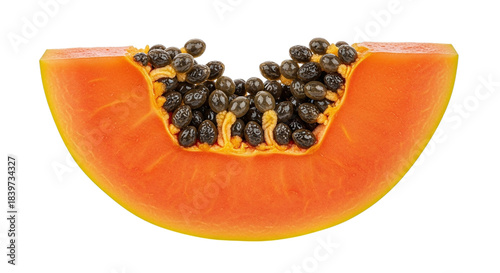 A vibrant and juicy slice of ripe tropical papaya with visible black seeds, rich in vitamins and fiber, isolated on transparent background