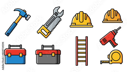 Collection of construction and repair tools including a hammer, wrench, saw, drill, ladder, and toolbox