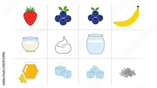 A grid of various fresh ingredients for making smoothies or desserts, including fruits like strawberries, blueberries, and bananas, along with milk, whipped cream, honey, and ice cubes.