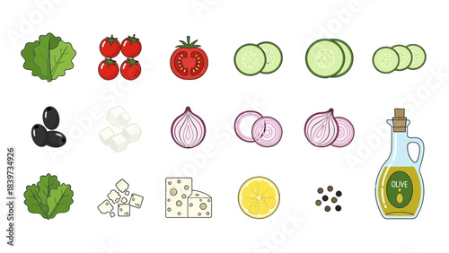 A vibrant collection of fresh salad ingredients including various vegetables, cheese, olives, and olive oil, neatly arranged on a white background.