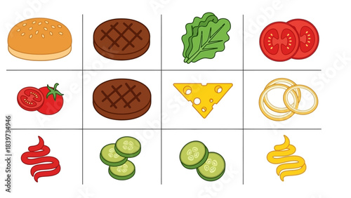 Grid of various burger ingredients including bun, patties, lettuce, tomato, cheese, onion, ketchup, mustard, and pickles.
