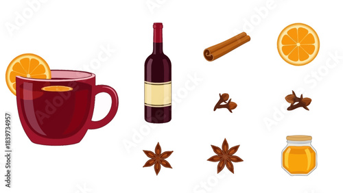 A vibrant illustration showcasing a mug of warm mulled wine garnished with orange, alongside its key ingredients: red wine bottle, cinnamon, cloves, star anise, and honey.
