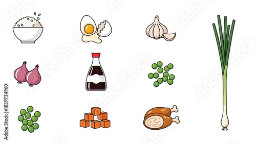 A collection of various cooking ingredients including rice, eggs, garlic, onions, soy sauce, peas, carrots, and chicken.