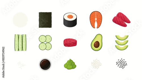 A comprehensive flat lay illustration showcasing various fresh ingredients and components for making sushi, including rice, nori, fish, vegetables, and condiments.