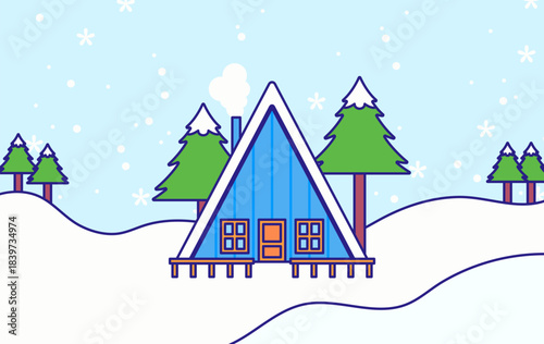 Cabin sits in a snowy landscape with pine trees and falling snow. A cute cartoon vector style perfect for winter, holiday, and cozy outdoor themes banner or poster illustration