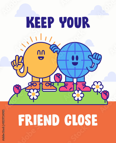 Poster Design a happy sun and earth character stand together on a grassy hill, symbolizing friendship and unity. bright colors and bold outlines create a warm, uplifting design.