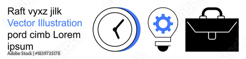 Productivity, business strategy, innovation, time management, work planning, career growth. Clock, gear light bulb and briefcase icons. Productivity and business strategy concept