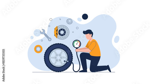 Professional mechanic checking tire pressure for safe driving on the road, ensuring vehicle maintenance and safety with expert auto repair services today