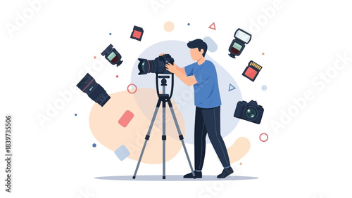 Dynamic photographer with professional camera on tripod ready for a photoshoot, studio equipment, photography gear for capturing stunning images