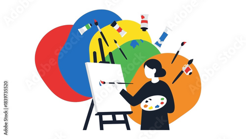 Creative artist painting on canvas with vibrant colors and brushes, ideal for art education or studio promotions with modern flair and inspiration