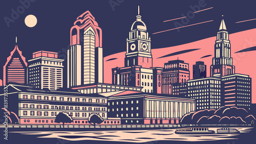 Breathtaking nighttime view of philadelphia skyline by the river suitable for travel magazines, cityscape posters, urban art prints, website backgrounds.