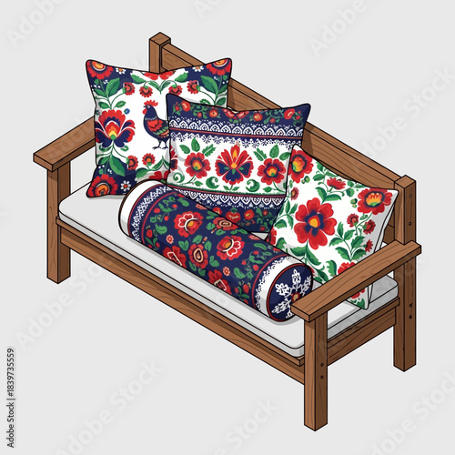 Colorful embroidered cushions and bolsters on wooden sofa for vibrant home decor