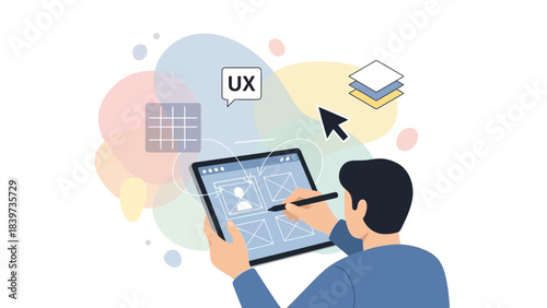Creative UX designer visualizing user interface on tablet with digital pen for mobile app development, modern design for website prototype and strategy