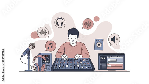 Creative music producer mixing audio tracks with laptop and sound equipment in studio, perfect for advertising music software or online music courses