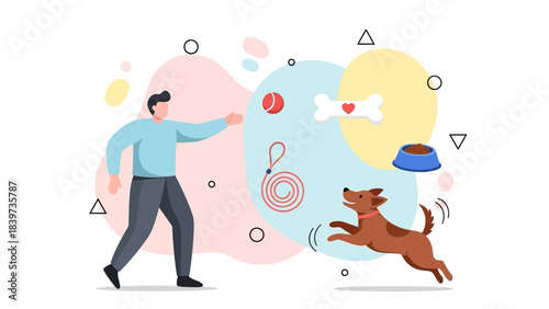Playful puppy joyfully fetches ball as owner throws in fun, vibrant, modern pet care scene with bone, leash and food bowl for dog lovers and pet businesses