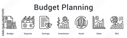 Budget planning allocating expenses and savings toward investments and assets tracking sales and operational earnings.