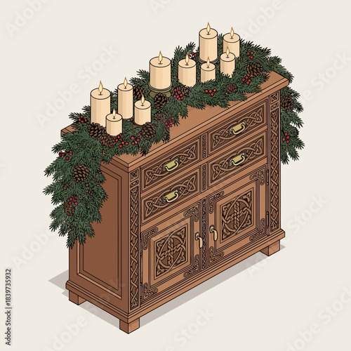 Elegant wooden sideboard decorated with festive candles and greenery for holiday ambiance