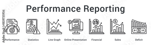 Performance reporting displaying statistics and graphs in online presentations showing financial sales and deficit analysis.