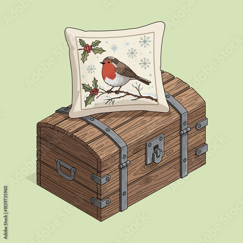 Festive Christmas-themed decorative pillow featuring a cheerful bird and holly on a cushion