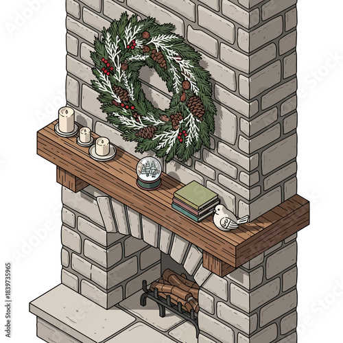 Festive Christmas Fireplace Mantel Decor with Wreath Candles and Books