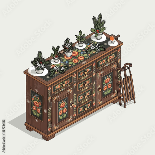 Vintage wooden sideboard decorated with potted plants and small musical instruments showcasing