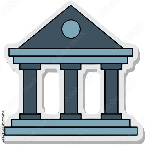 Blue Ancient Greek Style Building Facade with Three Columns and Pediment Minimalist Icon Symbol on White Background