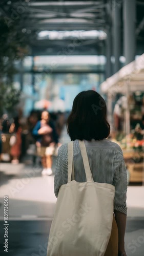 A stylish woman in casual attire strolls through a vibrant city market, carrying a reusable tote bag. The scene captures eco friendly lifestyle trends and urban exploration in a lively setting