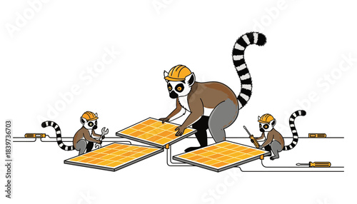 Lemurs in hard hats installing solar panels, working together on renewable energy
