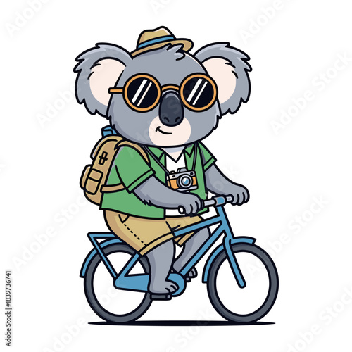 Koala Tourist Riding Bicycle with Camera and Backpack