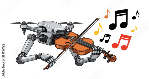 Robotic drone performing music with a violin and musical notes