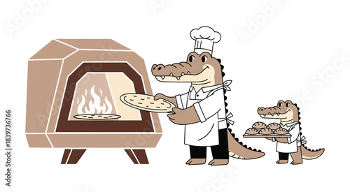 Alligator chefs baking pizza and bread in a traditional oven