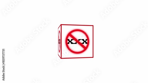 XXX icon sign animation. cube 3D sign warning symbol. Over 18 only censored. red circle cross