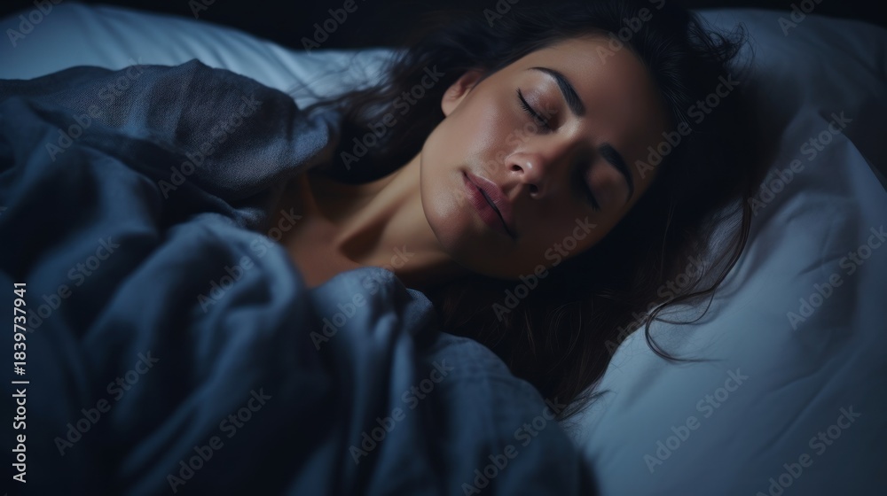 Naklejka premium woman in bed late trying to sleep suffering insomnia, sleepless or scared in a nightmare, looking sad worried and stressed. Tired and headache or migraine waking up in the middle of the night.
