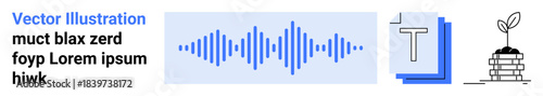 Technology, communication, information sharing, audio processing, document management, sustainability. A blue audio waveform, a text document icon and a sprouting plant. Communication