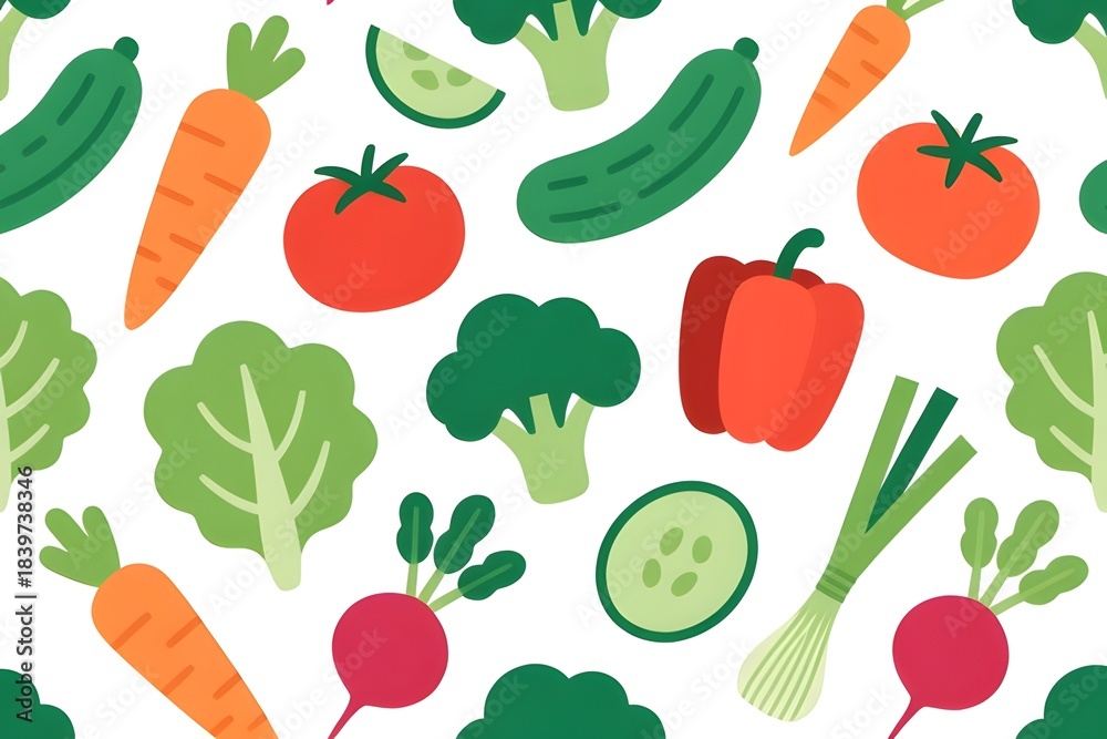 Fototapeta premium Seamless Flat Vector Vegetables Pattern Organic Healthy Food on White Background
