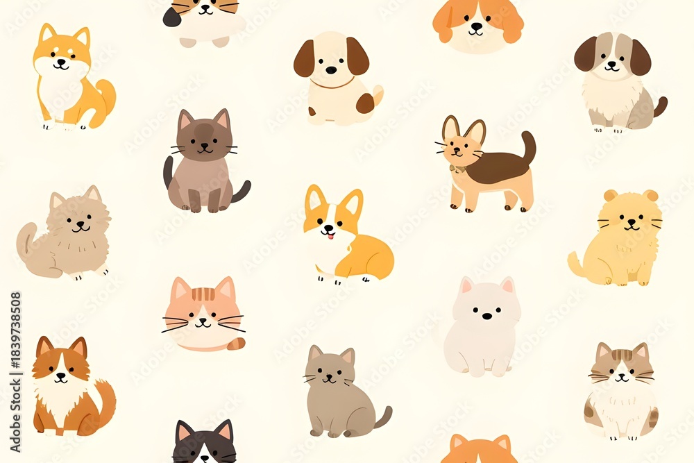 Fototapeta premium Cute cat and dog seamless pattern with kawaii pet animal illustrations