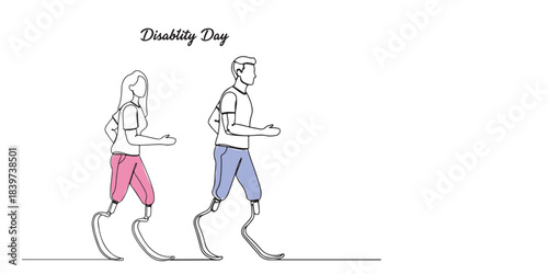Minimalist line art illustration of two active individuals with prosthetic legs using crutches, dressed in casual sportswear. Ideal for adaptive sports campaigns, disability awareness visuals.