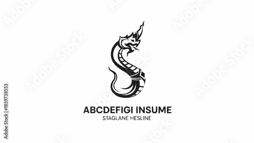 Black and white illustration of a mythical serpent creature, possibly a Naga, with ornate details and a crown, presented as a graphic design element.