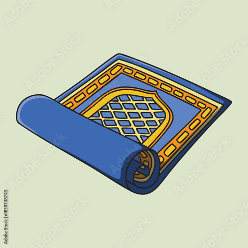 Illustration of a Blue Turkish Prayer Rug with Gold Details