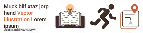 Education, creativity, fitness, navigation, exploration, innovation. Open book with lightbulb, a running person silhouette and map with location marker. Education and creativity concept
