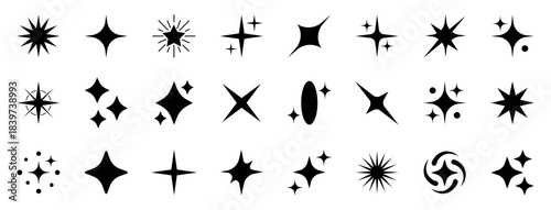 Sparkle icons set. Shining star symbols and twinkle shapes in simple solid style. Clean minimal glow and sparkle collection for decorative elements, highlights and magical light effects - stock vector