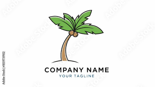 A cartoon-style illustration of a vibrant green palm tree with two brown coconuts, standing on a small patch of ground, suitable for a company logo.