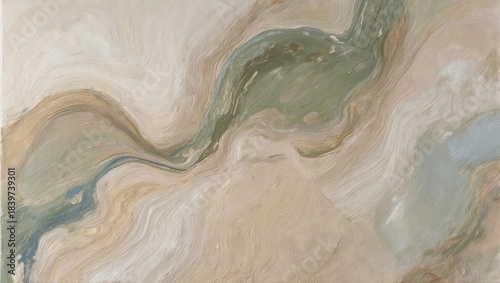 Abstract painting with swirled, flowing colors of beige, green, and blue creating a marbled effect
