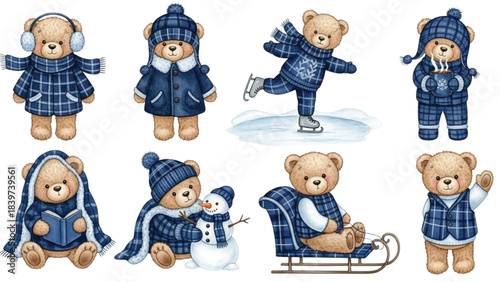 Cute Winter Teddy Bears Clipart Set in Blue Outfits, Ice Skating, Snowman, Cozy Hot Cocoa, Watercolor Illustrations