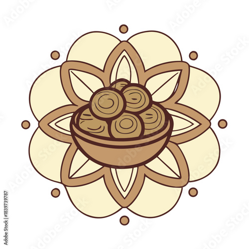 Bowl of cinnamon rolls in a decorative mandala pattern