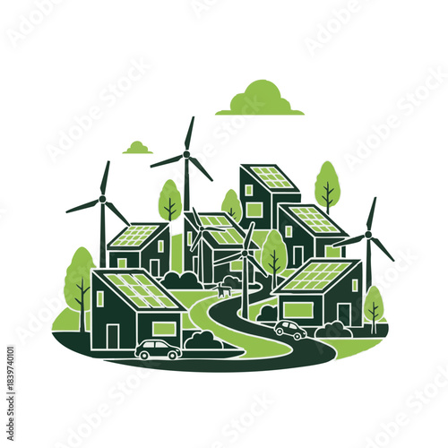 Sustainable green energy community with solar panels and wind turbines.